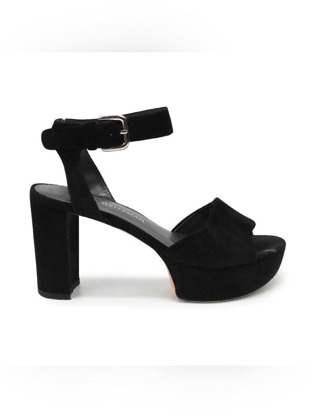 STUART WEITZMANN Black Suede Platform Block Heel Sandals with Buckle (US 4.5)